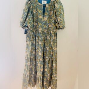 Tuckernuck Blue Green Leafy Floral Print Midi Hyacinth House Dress Size M NWT